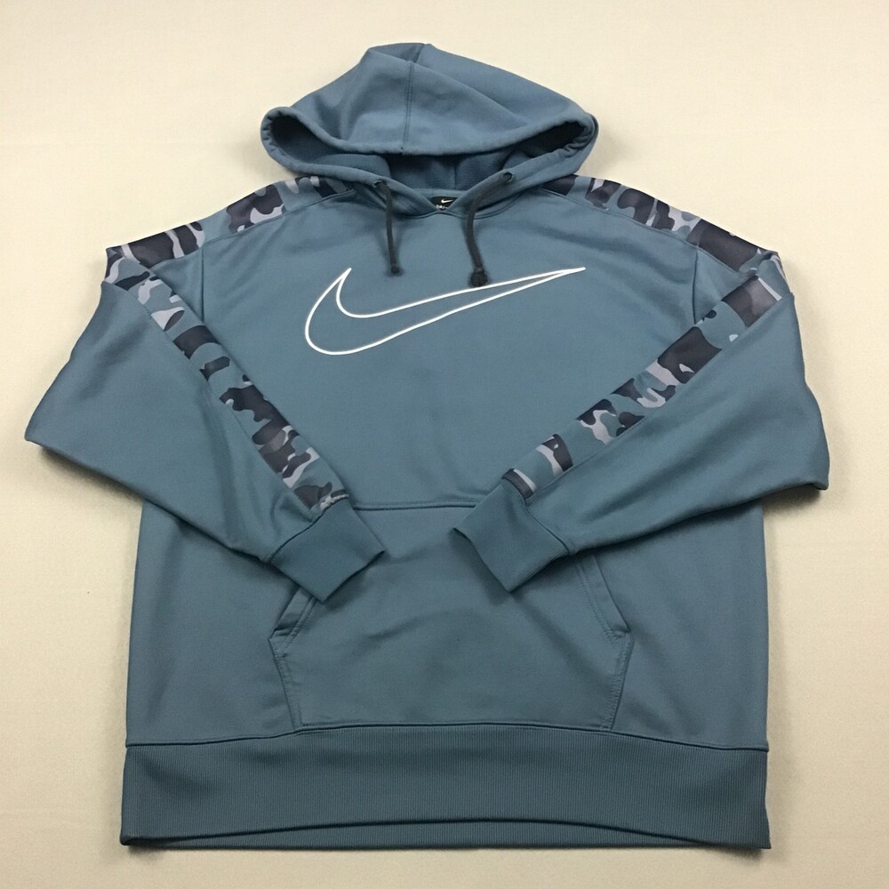 Nike Hoodie Men Medium Blue Solid Camo Sleeve Pullover Big Swoosh Dri Fit M